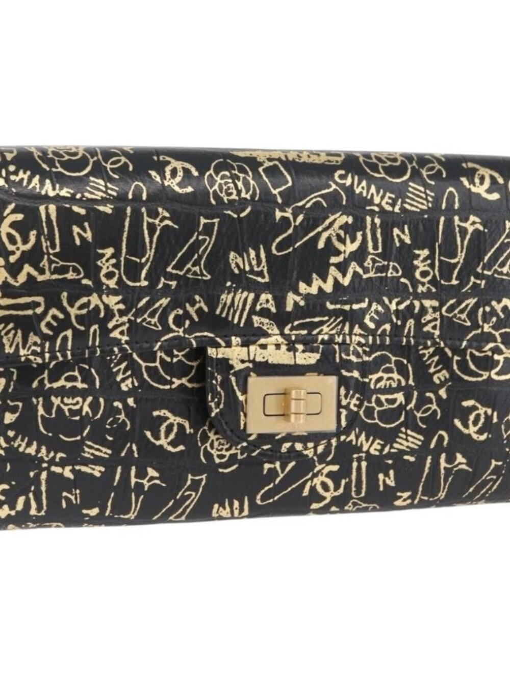 CHANEL 2.55 Long Wallet Croco Embossed Black Gold CC Auth 172450SAV